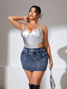 SHEIN ICON Plus Flap Pocket Denim Skirt - Blue - View 4