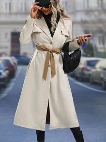 SHEIN Clasi Lapel Neck Belted Trench Coat - Apricot - View 3