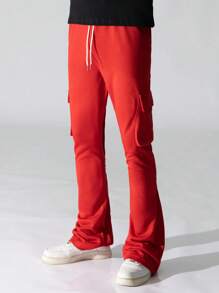 Manfinity EMRG Men Solid Flap Pocket Drawstring Waist Sweatpants - Red - View 5