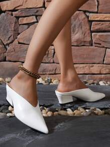 Giày mules mũi nhọn gót vuông thời trang và thoải mái dành cho nữ, giày cao gót da PU màu trắng thanh lịch với gót độc đáo, hở gót, thích hợp cho mùa xuân hè, sang trọng, giày bít mũi nữ, thanh lịch. - trắng - Xem 5