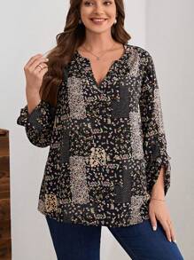 EMERY ROSE Talla grande Blusa con estampado floral de cuello notch