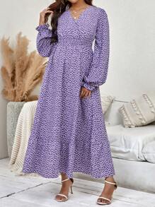 SHEIN 孕婦碎花喇叭袖荷葉邊洋裝 - 淡紫色 - 查看 4