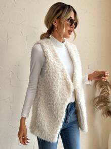 SHEIN LUNE Open Front Fuzzy Vest Coat - Beige - View 5