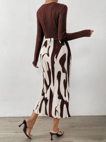 SHEIN Clasi 淨色T恤和圖案印花半身裙 - 巧克力棕 - 查看 2