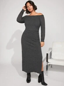 SHEIN BASICS Plus Off Shoulder Sweater - Dark Grey - View 5