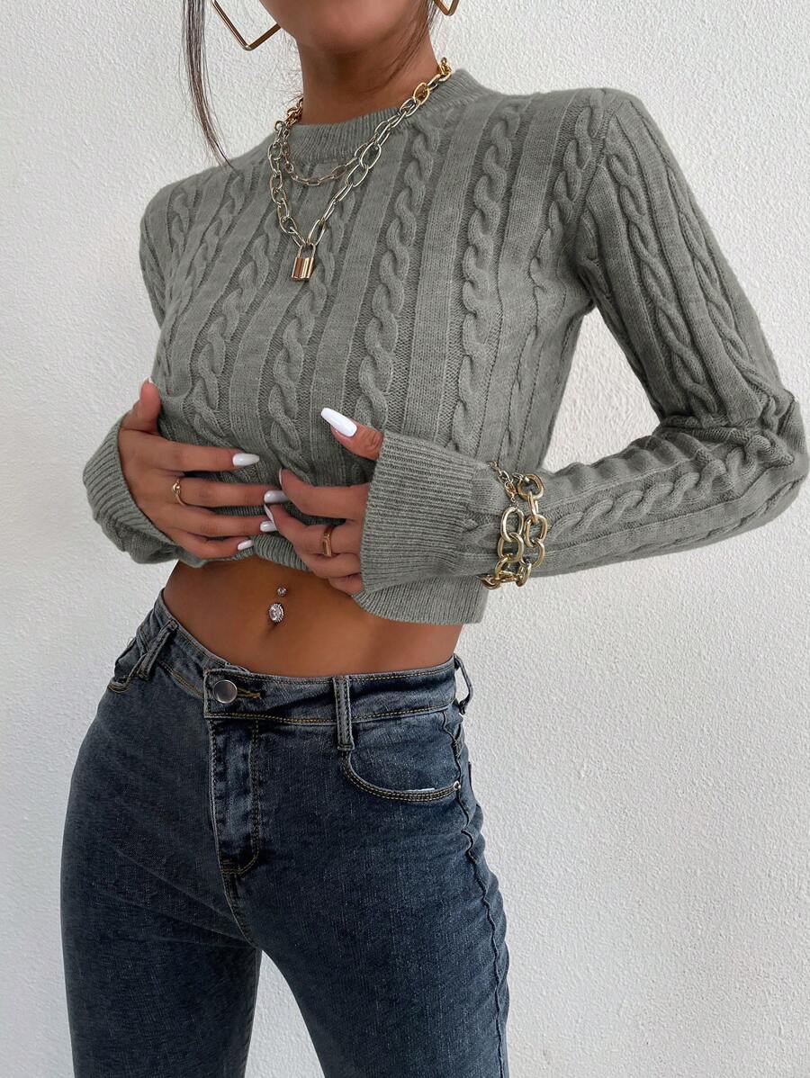 Chiquease Áo len dệt kim ngắn tay dáng suông, thích hợp cho mùa thu đông. - Xám - Xem 1