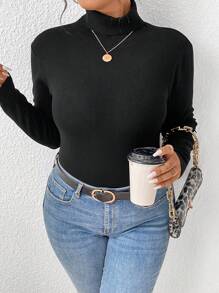 SHEIN Frenchy Plus Áo len cổ giả có gân đan gân - màu đen - Xem 5