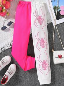 SHEIN Tween Girls Spider Print Two Tone Sweatpants - Hot Pink - View 1