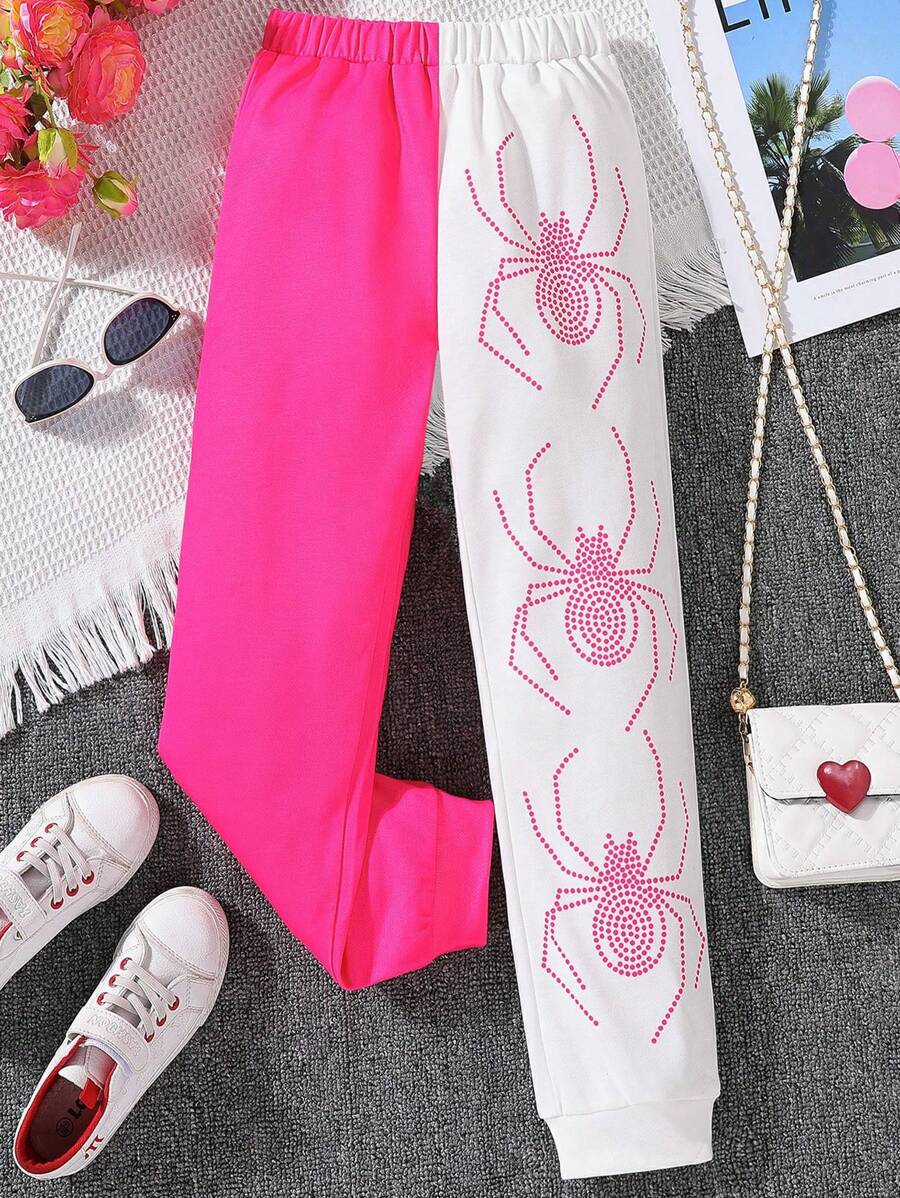 SHEIN Tween Girls Spider Print Two Tone Sweatpants - Hot Pink - View 1