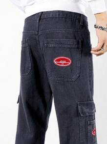 Manfinity Hypemode Men Letter Embroidery Flap Pocket Side Cargo Jeans - Grey - View 5