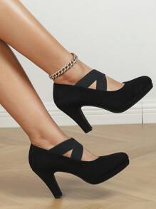 Women's Criss-Cross Elastic Strap Round Toe Thick Sole Cone Heel Slip-On Mary Jane Pumps, Elegant, Faux Suede, Black, Suitable For Work, Office, Outdoor, Comfortable Platform High Heels - Black - View 4