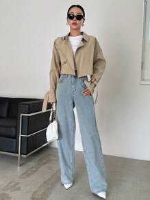 DAZY 插肩袖结袖口风衣女式夹克，秋季女装 - 卡其色 - 查看 4