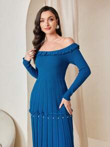 Modelyn Ladies' Open Shoulder Pleated Hem Sweater Dress - Blue - View 6