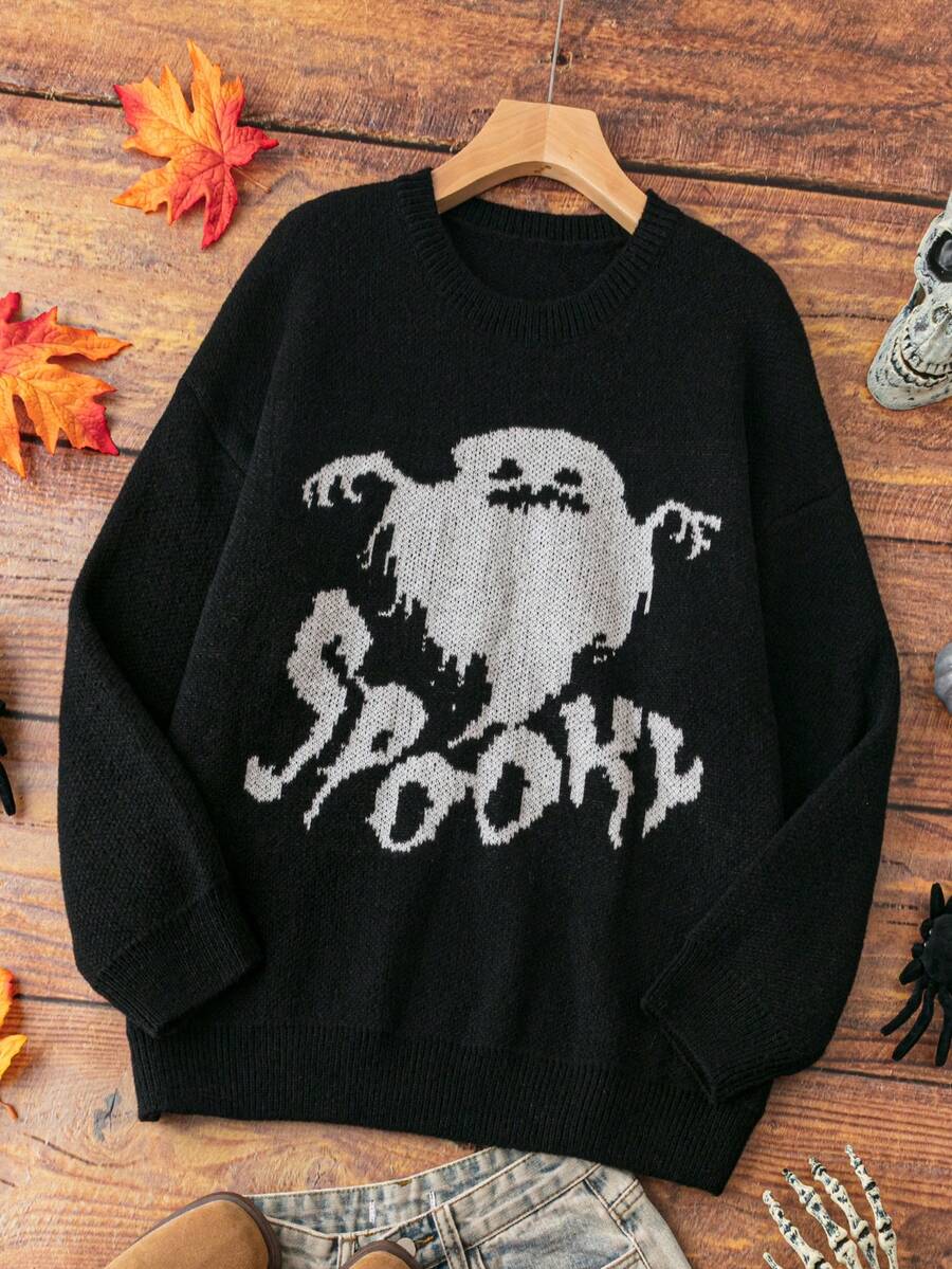 SHEIN LUNE 大碼字母和鬼圖案落肩袖套頭毛衣 - 黑色 - 查看 1