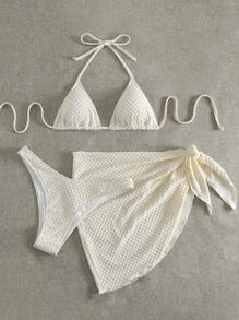 Swim Vcay 夏季沙灘三角比基尼套裝，配沙灘裙 - 杏色 - 查看 5