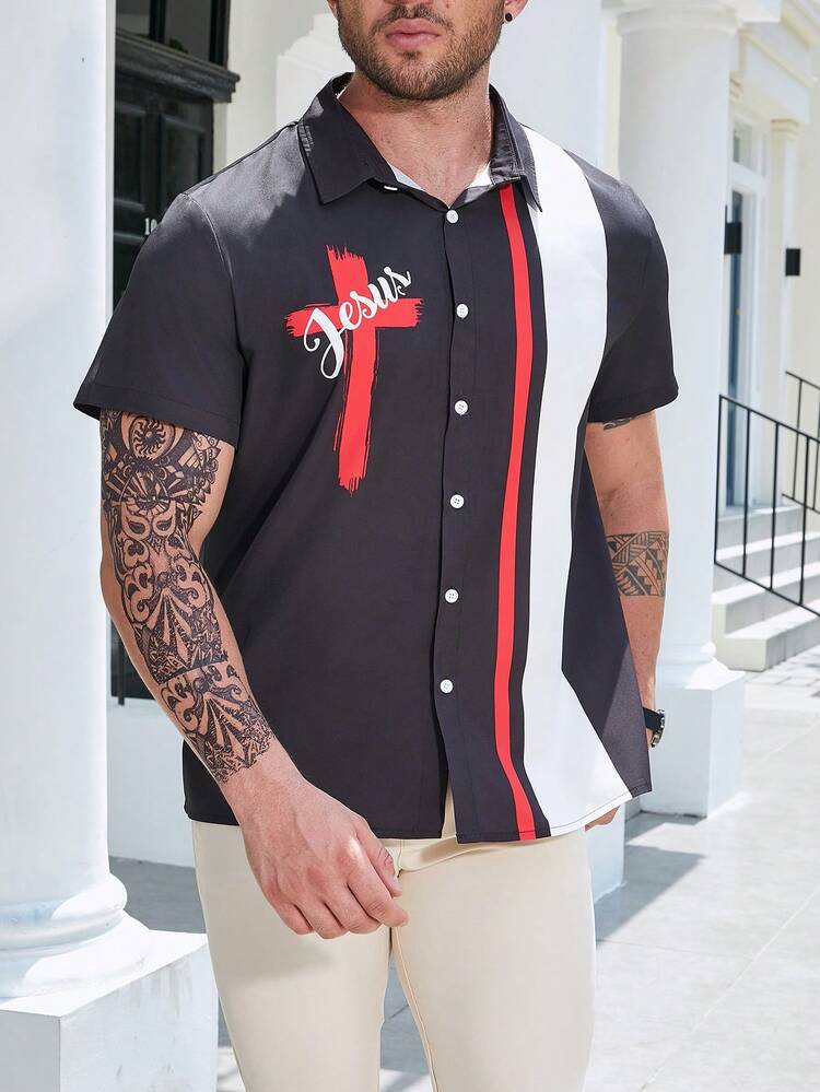 Men Plus Letter Graphic Colorblock Shirt