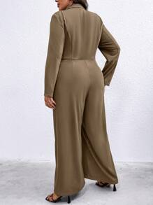 SHEIN Privé Plus Contrast Lapel Collar Double Breasted Wide Leg Jumpsuit - Brown - View 2