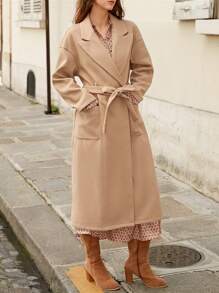 SHEIN Frenchy 西裝領落肩袖腰帶花呢外套 - 咖啡棕 - 查看 5