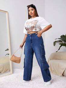 SHEIN EZwear Plus High Waist Flap Pocket Side Cargo Jeans - Blue - View 5
