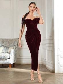 優雅交叉 高衩純色女士連衣裙 - 酒紅色 - 查看 8