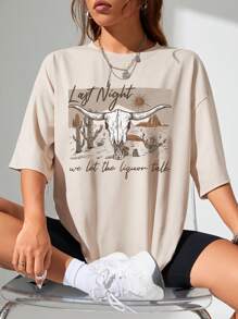 SHEIN EZwear Cattle & Slogan Graphic Drop Shoulder Tee - Apricot - View 1