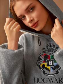 HARRY POTTER X SHEIN Chi tiết thêu Thả vai Dây rút Hoodie - Xám - Xem 4
