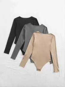 Zolique 3pcs Solid Basic Tee Bodysuit Fall Cloth For Women - Multicolor - View 2