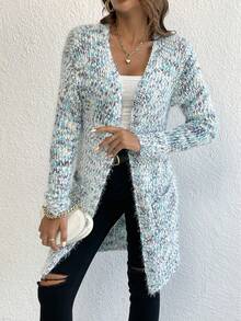 SHEIN LUNE Cárdigan de plumero tejido jaspeado de hombros caídos - Azul - Ver 5