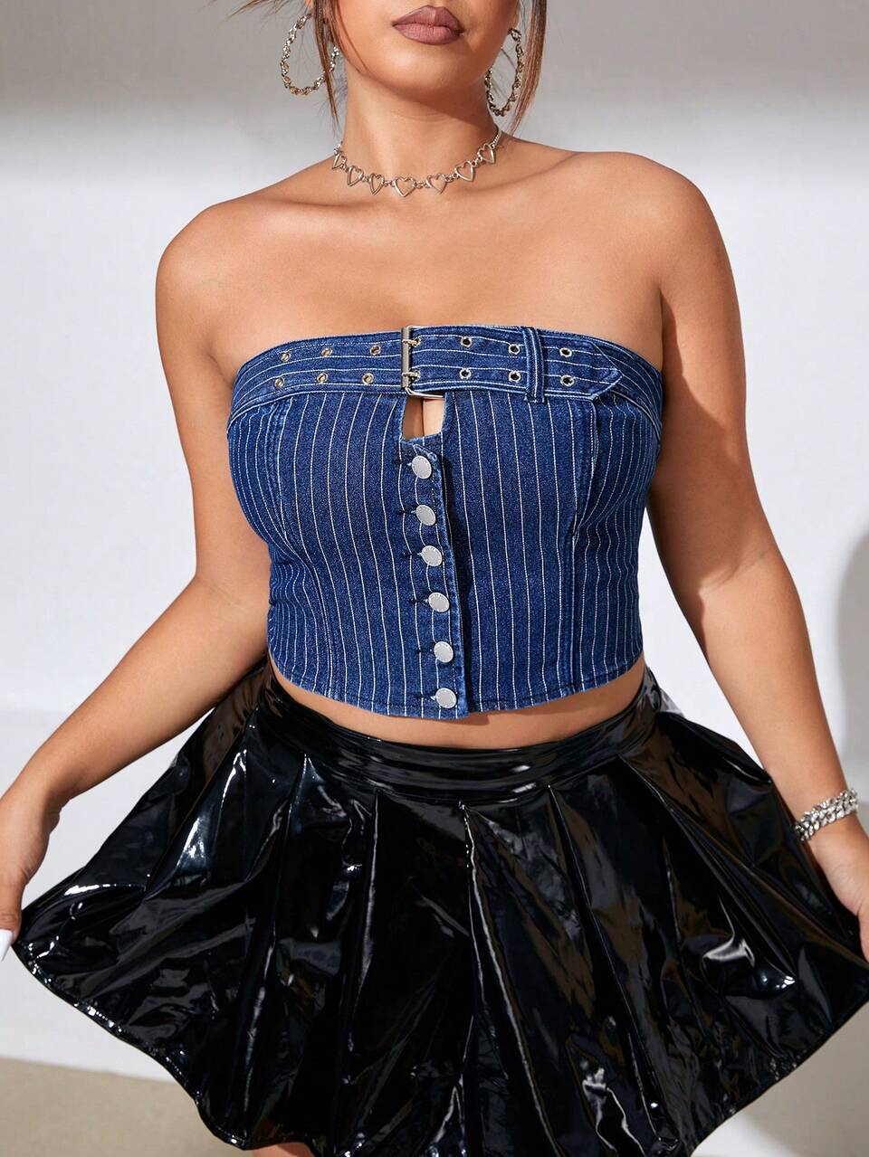 Plus Striped Grommet Eyelet Denim Top