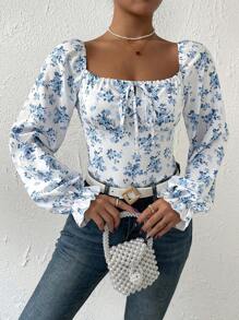 Chiquease In hoa Nút phía trước tay áo lá sen Nếp gấp Phần Ngực Cổ vuông Áo liền quần chặt - Nhiều màu - Xem 4