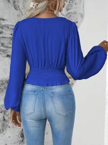 Wandoria Women's Solid Color Overlap V-Neck Lantern Sleeve Pleated Fashion Blouse - Royal Blue - View 2