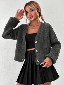 EURMUSE Cardigan Épaule tombante À Bouton Côtelé - Gris - Voir 5