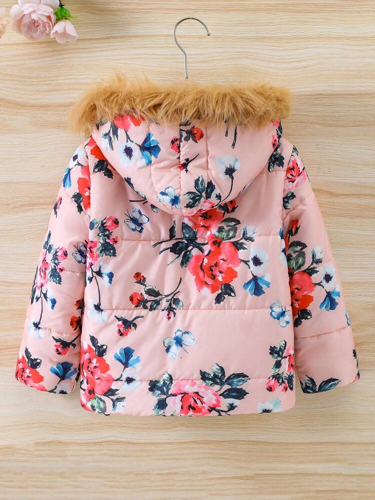 Young Girl Floral Print Fuzzy Trim Hooded Padded Coat Without Sweater