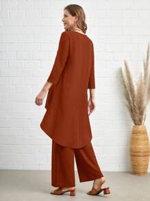 EMERY ROSE Solid High Low Hem Top & Wide Leg Pants - Redwood - View 2