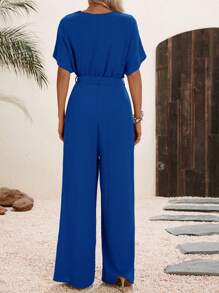 SHEIN Clasi Solid Belted Wide Leg Wrap Detail Jumpsuit - Royal Blue - View 2
