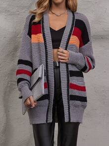 SHEIN LUNE 拼色双口袋落肩开衫 - 彩色 - 查看 4