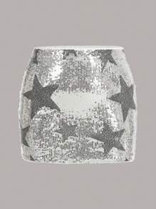 SHEIN ICON Talla grande Falda con patrón de estrella con lentejuelas - Plateado - Ver 1