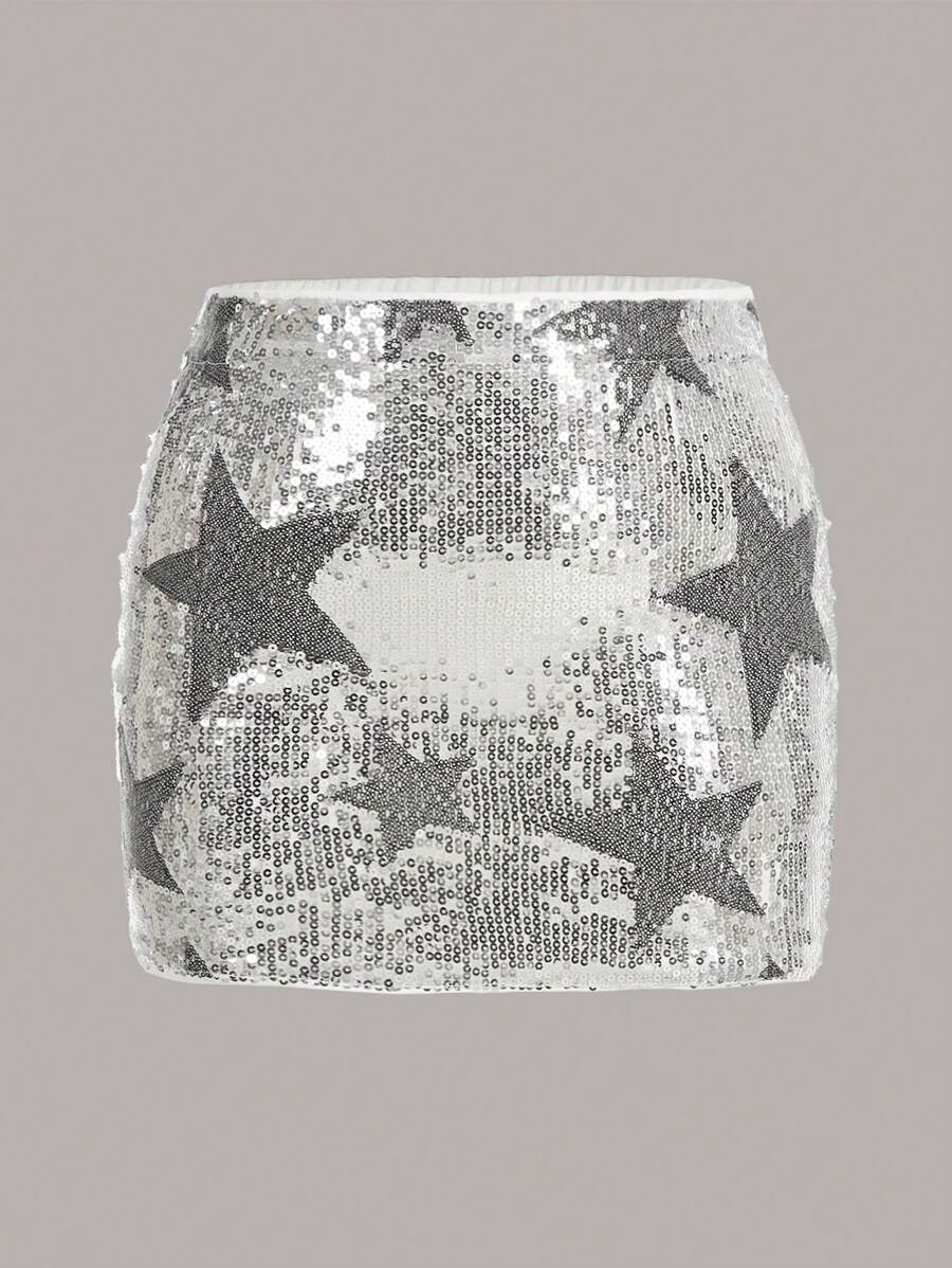 SHEIN ICON Talla grande Falda con patrón de estrella con lentejuelas - Plateado - Ver 1