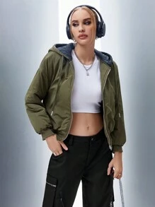 SHEIN Unity Zip Up Drawstring Hooded 2 In 1 Crop Padded Padded Coat Clothes Winter Fall Cloth For Women - Army Green - View 2