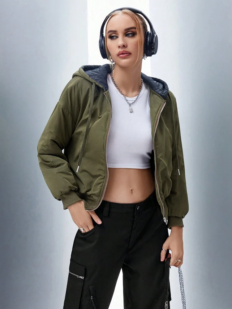Zip Up Drawstring Hooded 2 In 1 Crop Padded Padded Coat Clothes Winter Fall Cloth For Women