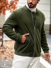 Manfinity Homme Men Solid Zip Up Overcoat - Green - View 4