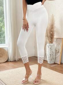 SHEIN LUNE Contrast Lace Asymmetrical Waistband Waist Leggings