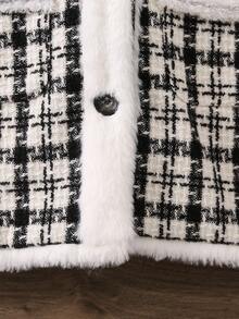SHEIN Chica Joven Abrigo con patrón de cuadros con lazo delantero cuello marinero tweed - Blanco y Negro - Ver 5