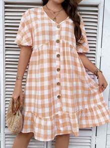 SHEIN Clasi Hơn Bản in Gingham Nút phía trước Xù Hoa Sen Váy Smock - Nhiều màu - Xem 3