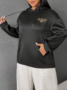 SHEIN EZwear Plus Slogan Graphic Drop Shoulder Drawstring Hoodie