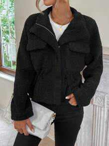 SHEIN LUNE Túi có nắp Eo dây rút Thả vai Áo Teddy Jackets - màu đen - Xem 2