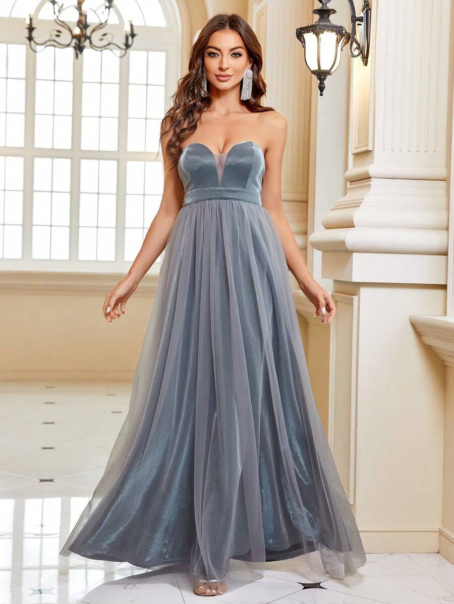 SHEIN Belle Vestido de vestir bajo con malla - Plateado - Ver 1