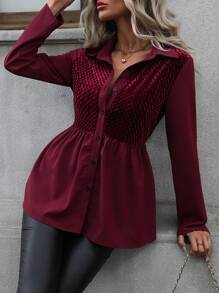 EMERY ROSE 素色前紐扣荷葉邊下擺襯衫 - 酒紅色 - 查看 5