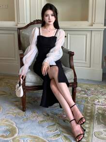 DAZY Contrast Mesh Flounce Sleeve Split Thigh Dress Prom Dress,Ruffle,Fall Dress Elegant Women Dresses - Black - View 5