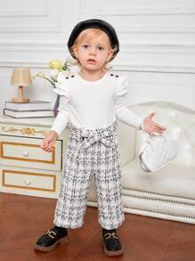 SHEIN 女嬰格紋印花荷葉邊腰帶連身褲 - 白色 - 查看 5